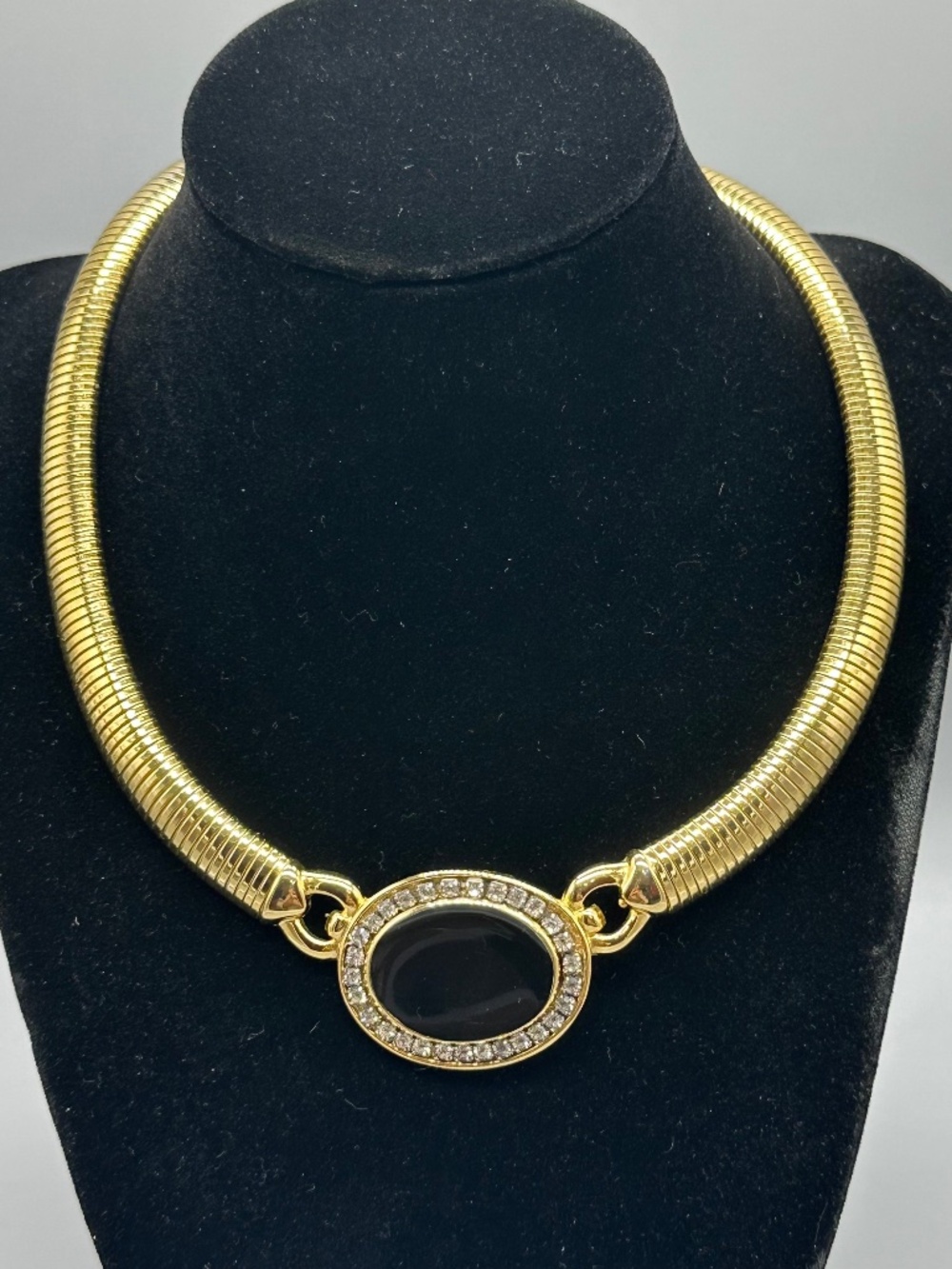 Vintage Gold Tone Rhinestone Black Enamel Tubogas Collar Necklace Jewelry 16.5"
